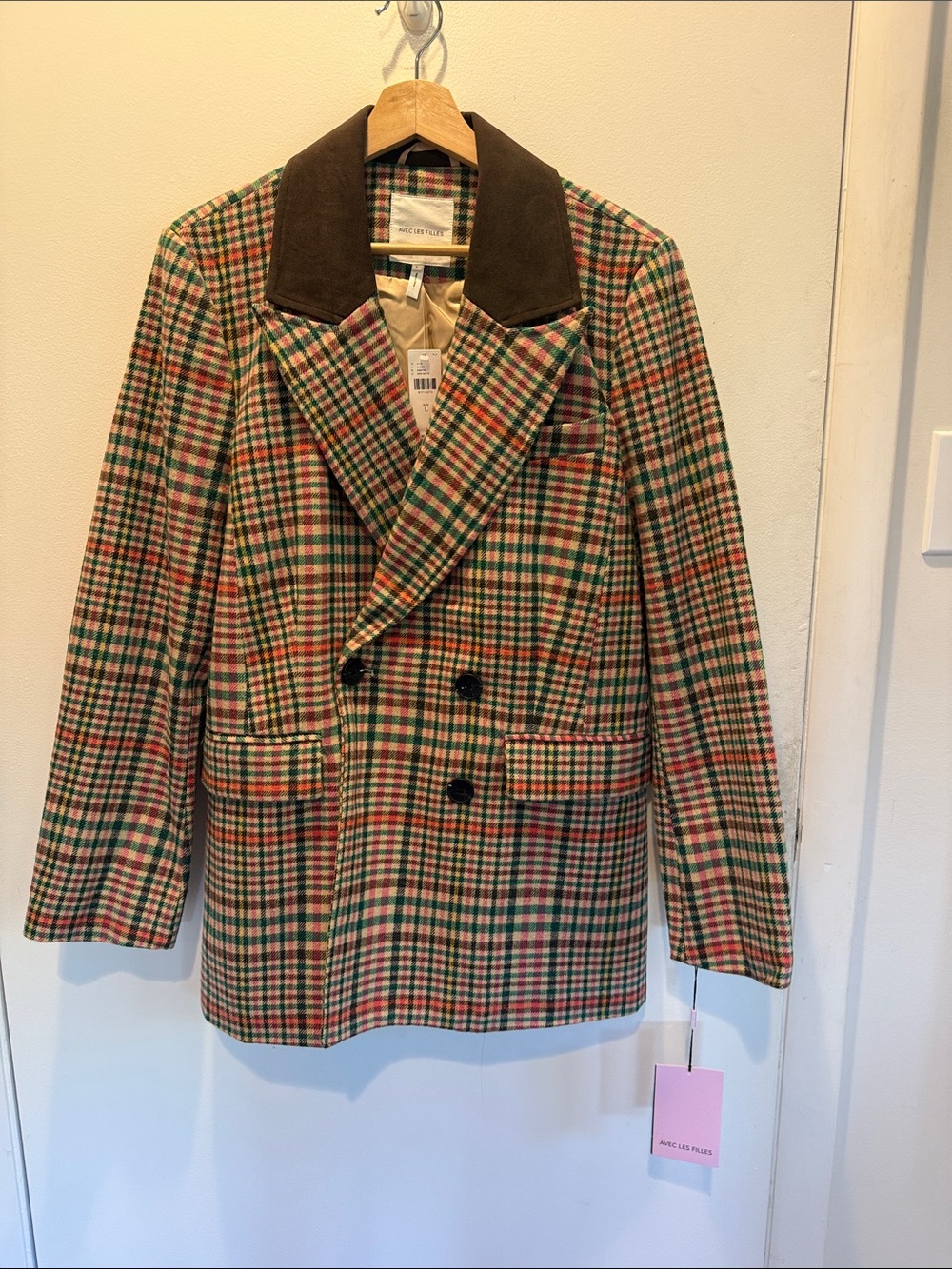 Avec Les Filles Green Multi-Check Double-Breasted Blazer with Brown Collar
